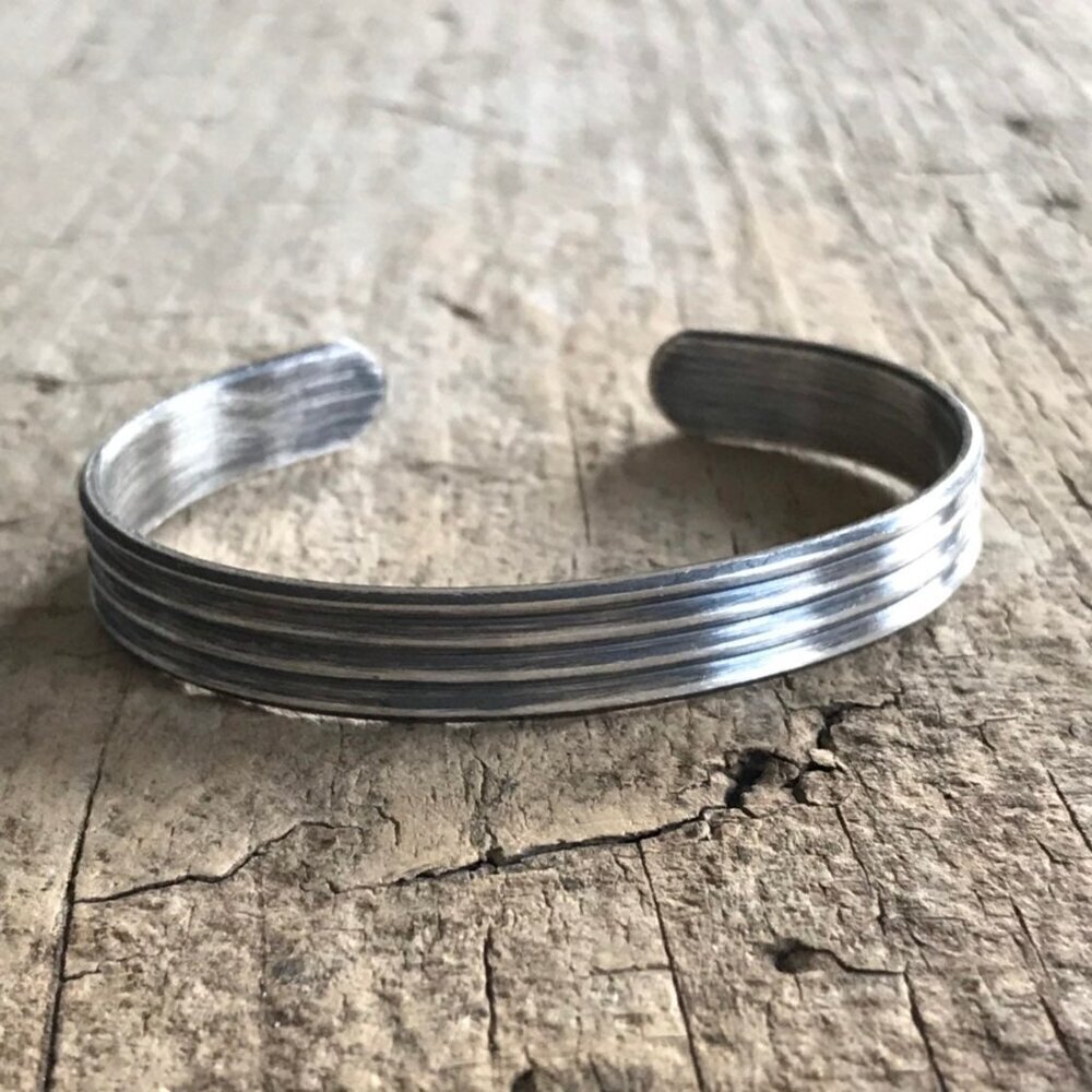 Oxidized Sterling Silver Pinstripe Open Cuff Bangle Handmade 10x2mm Wide